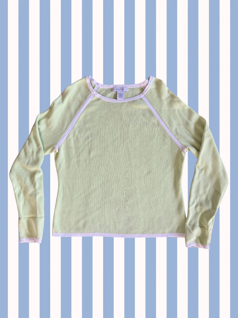 Paraphrase - Soft Green Raglan Sweater with Pink Trim - Size L
